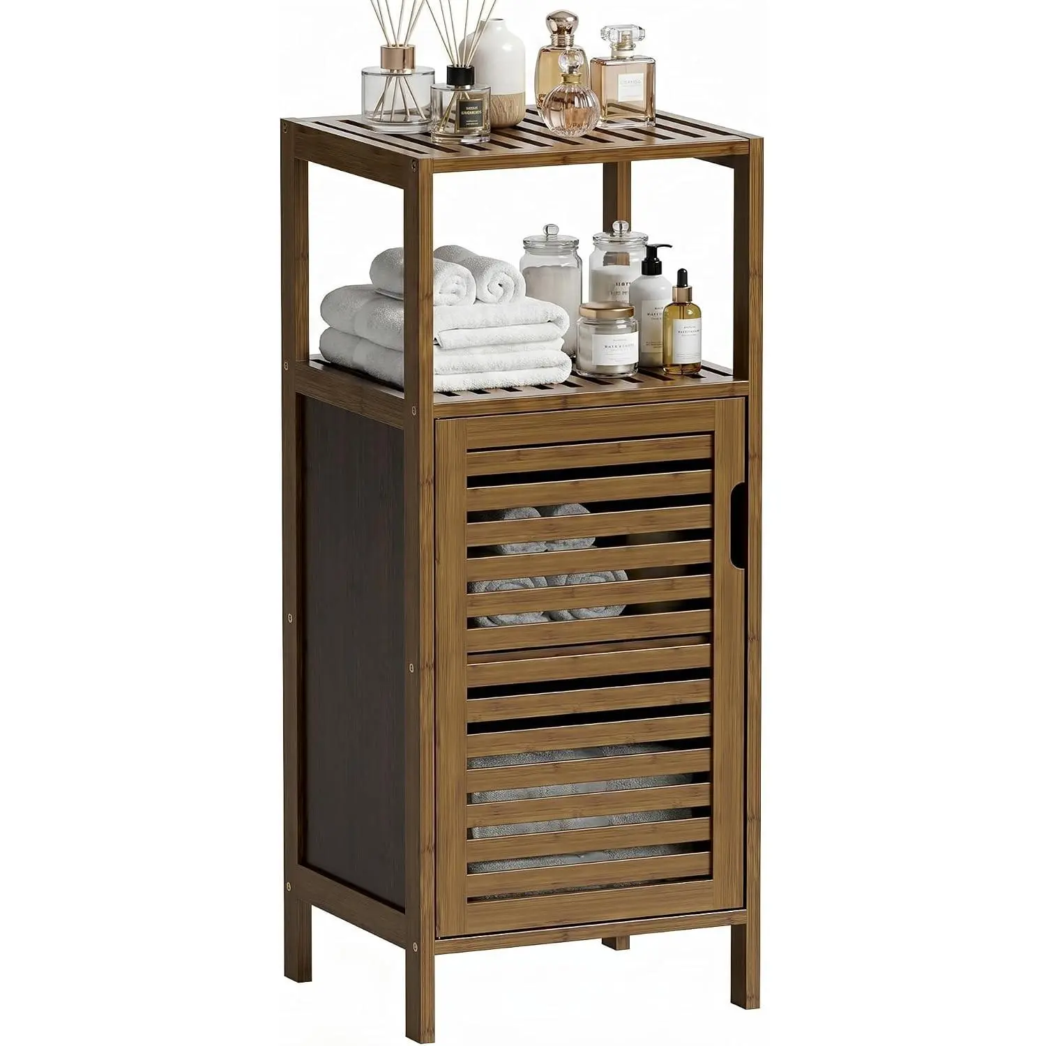 Bathroom Cabinet, Bamboo Floor Cabinet Free Standing, 4 Tier Sofa Side Storage Cupboard for Living Room Kitchen Entryway, Walnut