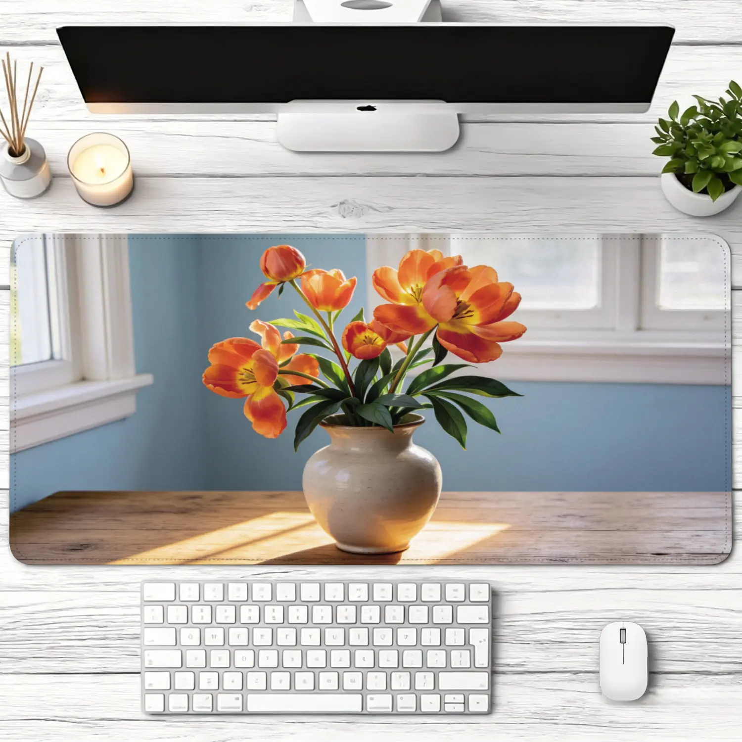 Extra Large vibrant orange tulip floral vase art Mouse Pad,Non Slip Rubber Pad,Desktop Decoration Drotection Pad,Washable,Lock Edge Multi Size,Premium Multipurpose Mousepad For Home,Office,Gift for Family and Friends