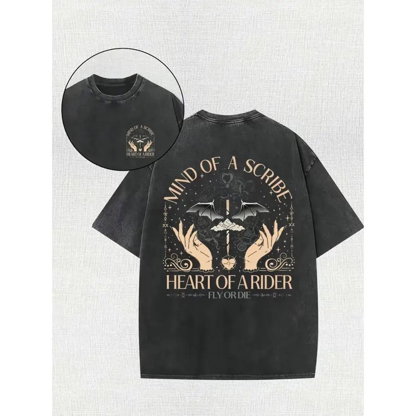 Mind Of A Scribe Heart Of A Rider Dragon Sword Mountain Double Sided Vintage Washed Black Cotton Oversized T-Shirt, Fantasy Book Acotar Fae Aesthetic Casual Outfit, Best Gift For Fantasy Novel Lover Streetwear Tee