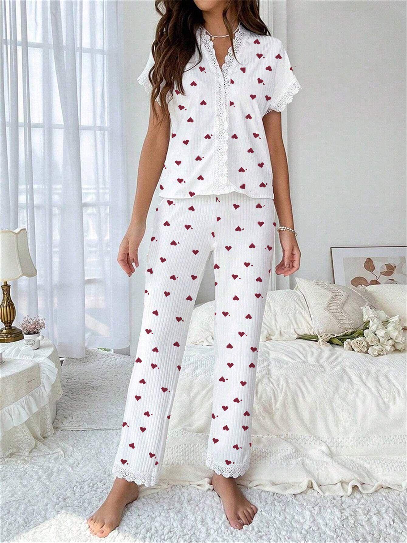 Cherry Print Short-Sleeve Collared Pajama Set for Women Oversized Style with Matching Pants