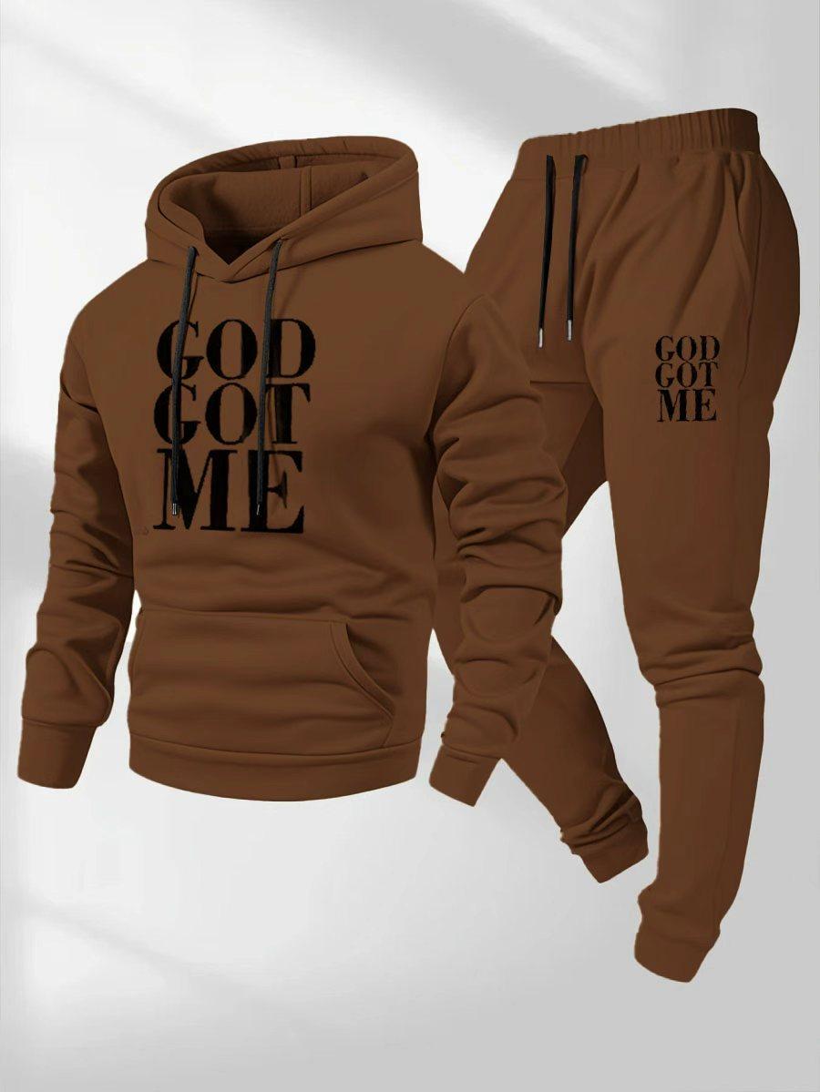 Casual hoodie and sweatpants set - fleece lining, long sleeves, printed design |   machine washable