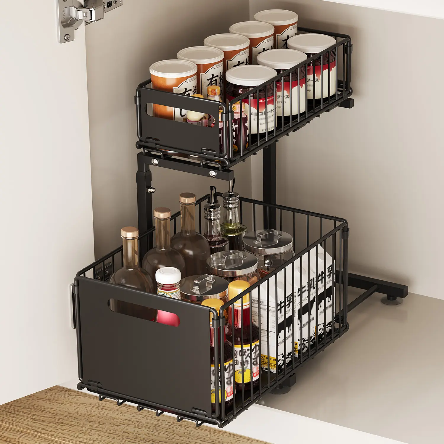 Adjustable 2-Tier Under basin Organizer for Kitchen Storage – Pull Out Sliding Mesh Drawers – Sturdy Metal Cabinet Rack – Space-Saving Shelf for Bathroom, Pantry, Laundry – Height Adjustable, L38 x W26.5 x H41-48.5cm