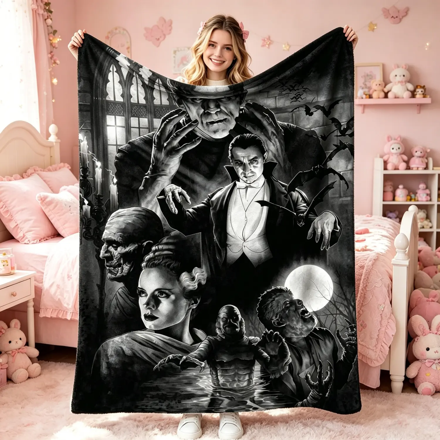 Universal Monsters Retro Horror Flannel Throw Blanket, Frankenstein Dracula Bride of Frankenstein Soft Warm Blanket for Halloween Decor Movie Night Sofa Bed, Perfect Birthday Halloween Thanksgiving Housewarming Gift for Classic Horror Movie Fans