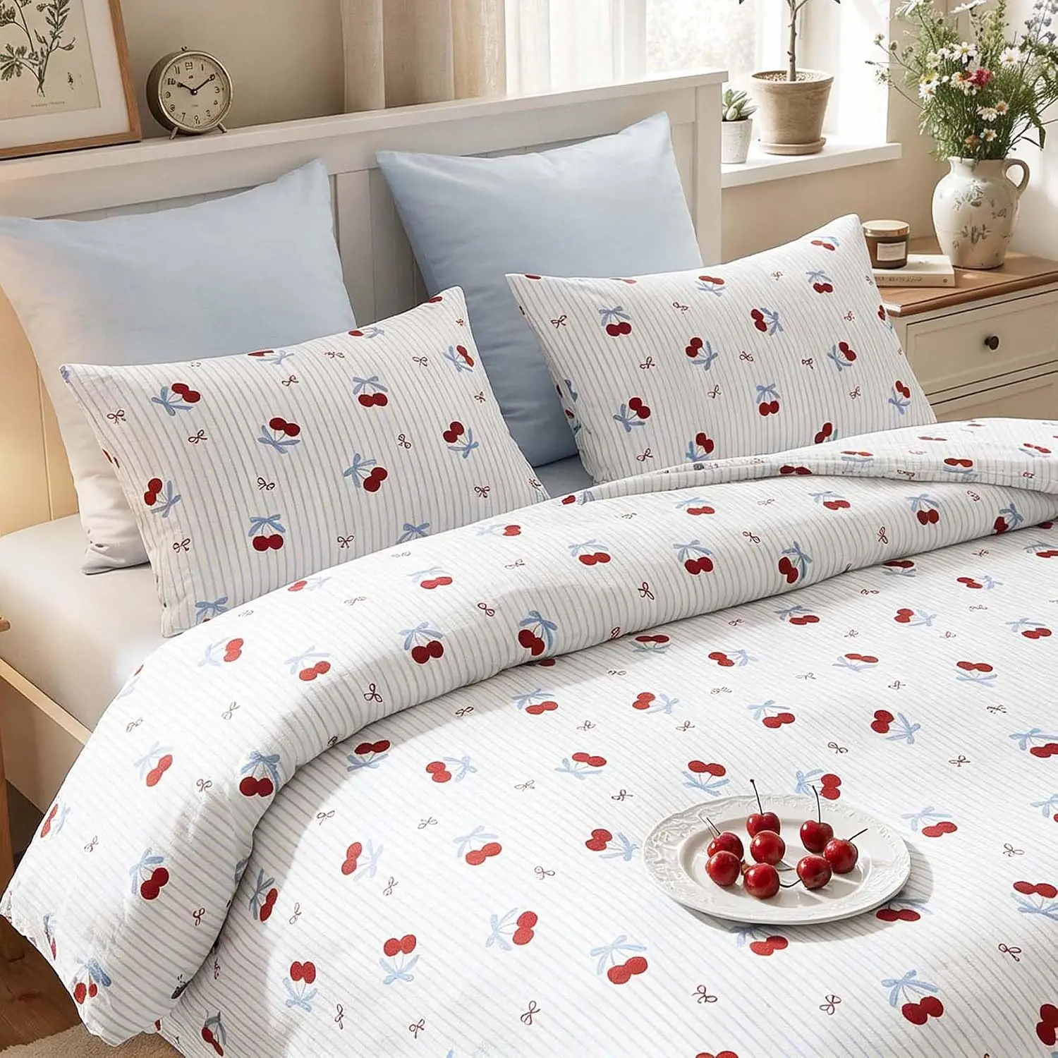 Cute Queen-Size Blue Striped Bow & Cherry Print Duvet Cover Set, 3-Piece Soft Lightweight Microfiber Bedding for Girls Dorms & Bedroom Use with Zipper Closure