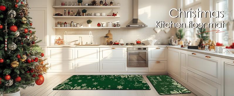 Christmas Snowman Kitchen Mat, Non Skid Cushioned Kitchen Floor Mat Set of 2, Waterproof Anti Fatigue Kitchen Rug Winter Xmas Tree Mat Black Comfort Standing Mat for Holiday Decor