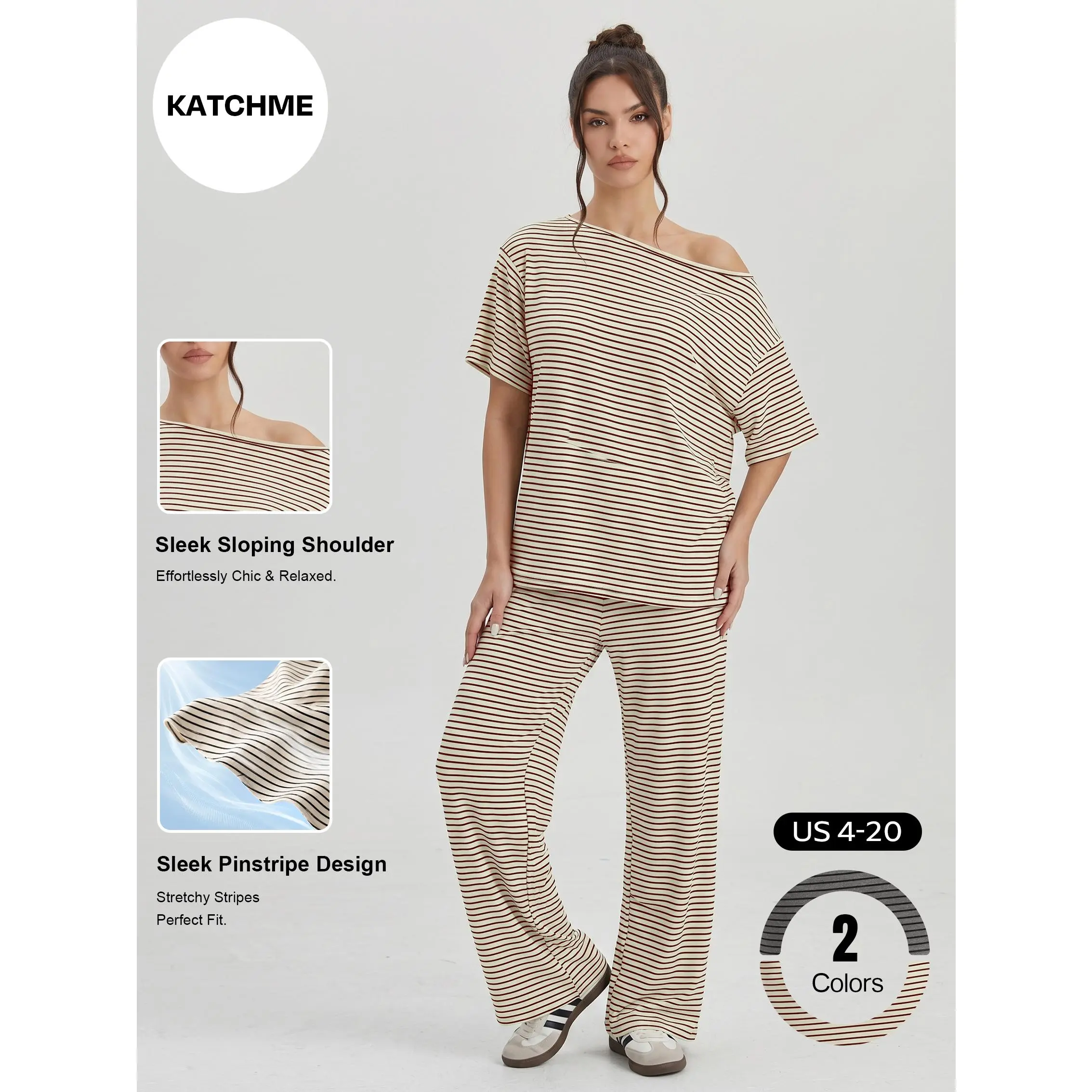 Katch Me Chic Women's Elegant Striped Sloping Shoulder Short Sleeve Top & Wide Leg Trousers Co-ord, Lightweight Skin-Friendly Stretch Loose Matching Set, Casual Summer Soft 2-Piece Outfit #TikTokMadeMeBuyIt #StreetwearSet #ComfyOutfit