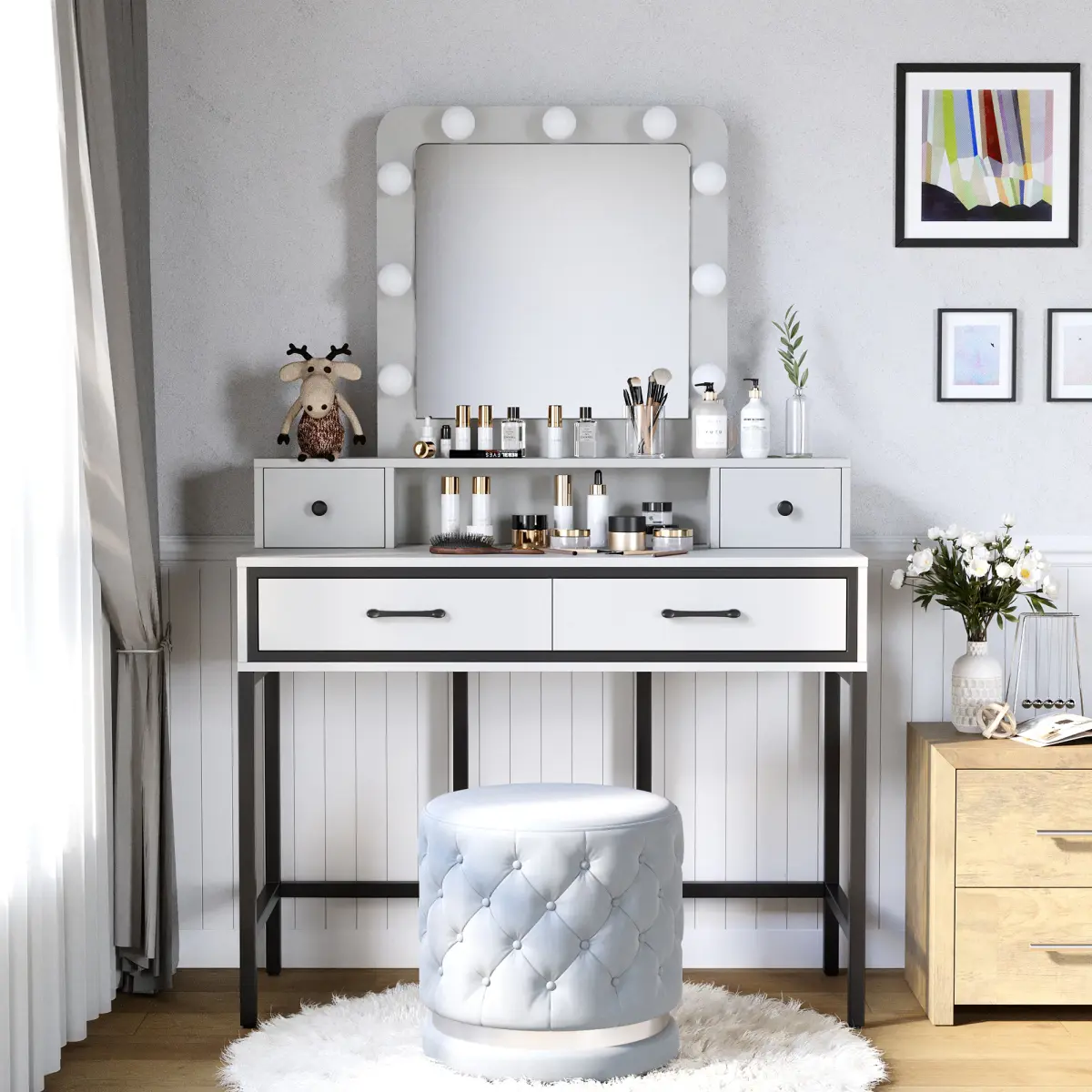 Vanity Desk with Mirror and Lights, Makeup Vanity Desk with 3 Color Dimmable Lighted Hollywood Mirror, Brown Makeup Table with 4 Drawers, Large Dressing Table for Women Girls, White