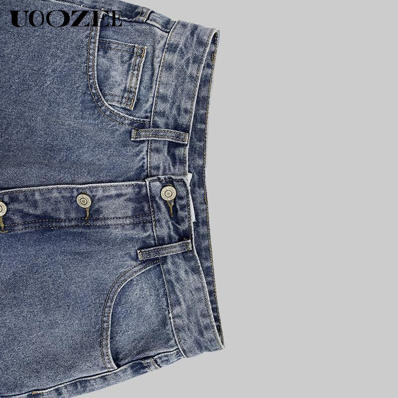 UOOZEE TikTok Exclusive Women's Casual Pocket Decorative Non-functional Buttons Wide Leg Loose Back Elastic Jeans High Waist Single Breasted Non-Elastic Regular Back Waist Comfortable Fit Outfits Womenswear Clothes Denim Bottom straight leg jeans Hip