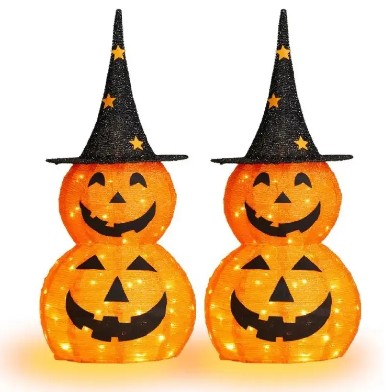 Ubesgoo 5FT Collapsible Stacked Pumpkin Halloween Decor, Stretchable Jack-o'-Lantern with Witch Hat, 100 Warm White LED US Plug Light for Yard, Garden, Porch, Party Decor