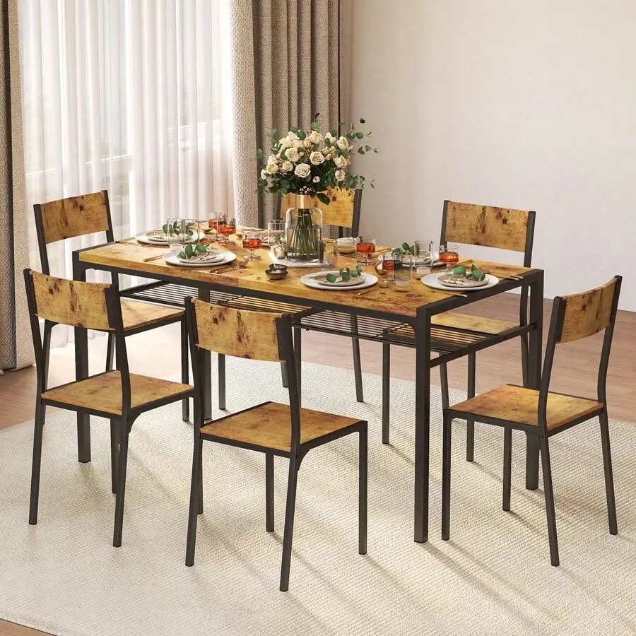 7-Piece Dining Table With Chairs, Table Set 6 With Metal Rack, Ideal Apartment, Small Space, Dining Room,'s Day Ideas