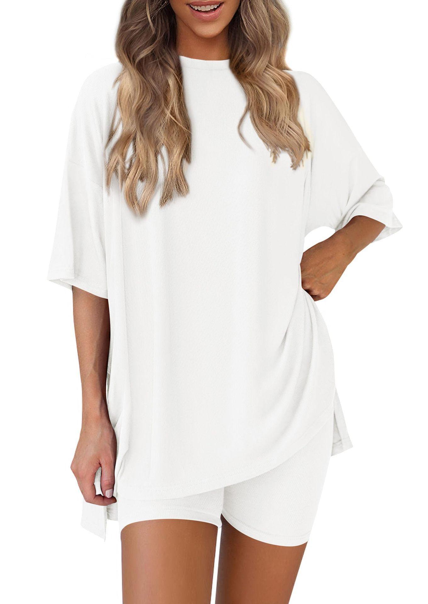 Women's 2-Piece Lounge & Workout Set |   Oversized Side Split T-Shirt + High Waist Shorts, Solid Comfy Outfit XS-4XL