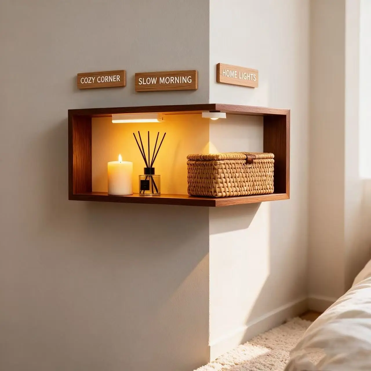 Walnut Color 90° Corner Wall-Mounted Decorative Shelf, Bedroom Living Room Furniture, Wooden Storage Rack for Small Toys and Figurines