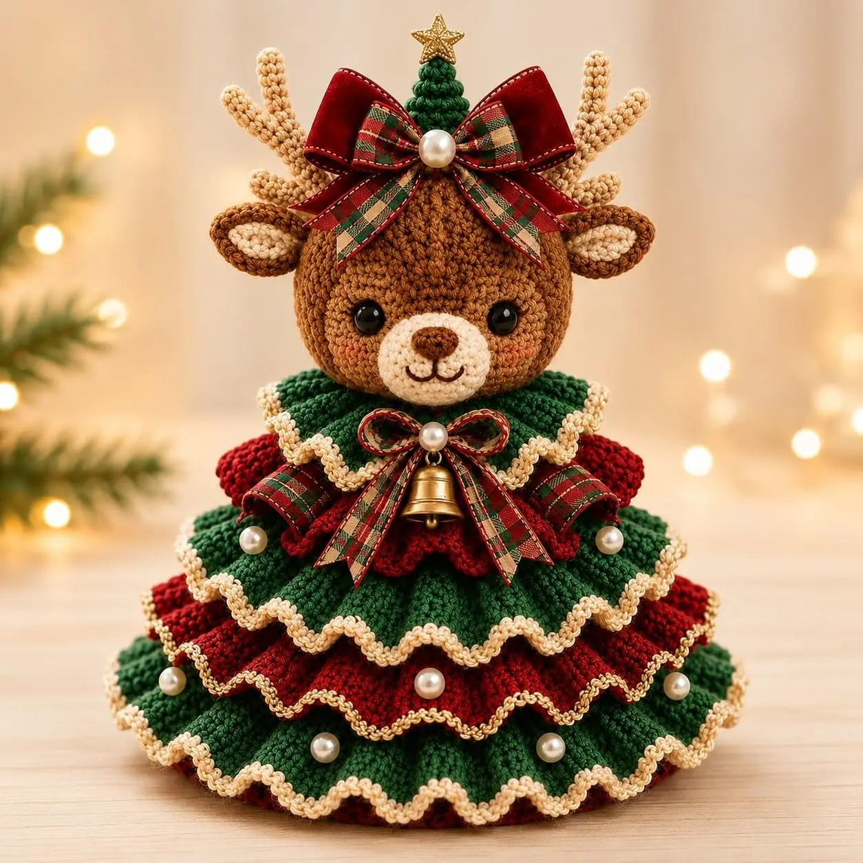 Crochet Animal Christmas Tree DIY Kit, Handmade Ornament Set with Pearl |   Beads, Bell, Bow, Yarn, Hook, Beginner Friendly,Pearl Embellishment, Charming Gift for Adults(Reindeer)