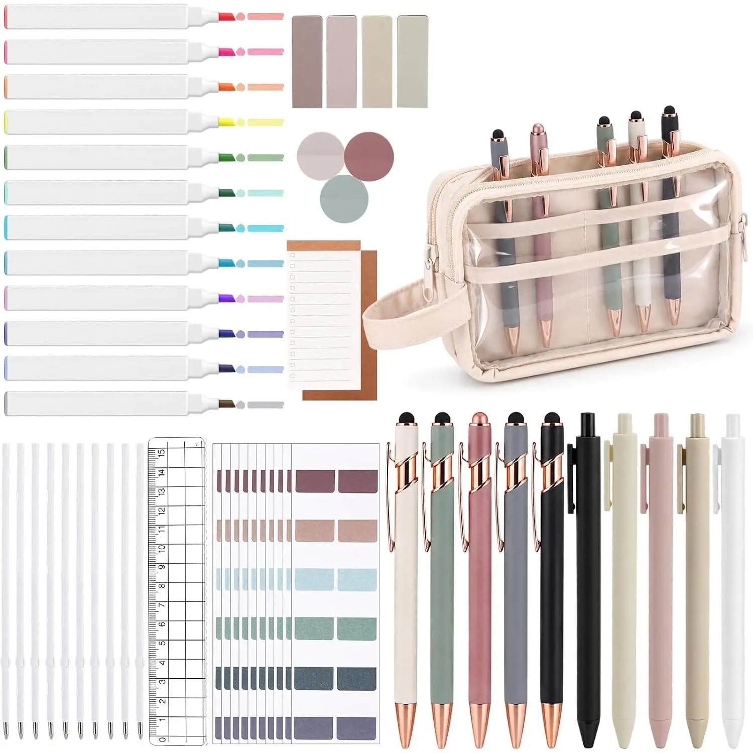 52 count Aesthetic University Supplies Pencil Pouch Set Supplies - Special Pencil Case Candies Highlighters, College  Haves for Women- Pen Case Favor Special Pen Pouch(Beige)
