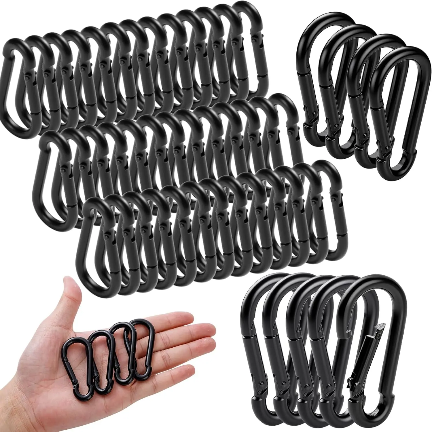 50 Pack M5 Heavy Duty Carabiner Clips, 2-Inch Black Spring Snap Hooks and Quick Links for Fishing, Hiking, and Outdoor Travel, Backpack
