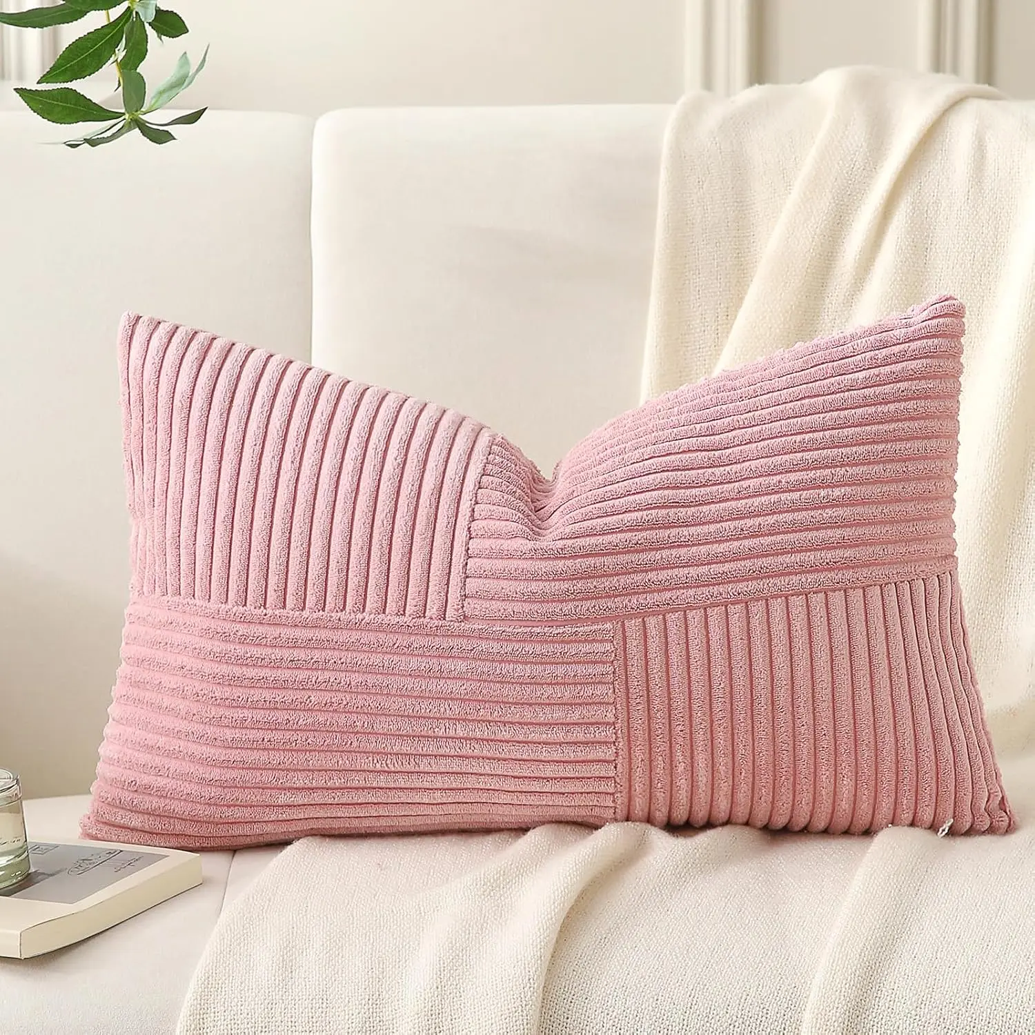 Throw Pillow Cover 14x24 inch,Pack of 1 Soft Corduroy Cushion Cover with Patchwork Textured,  Decor,Boho Decorative Rectangle Cushion Case for Couch Sofa