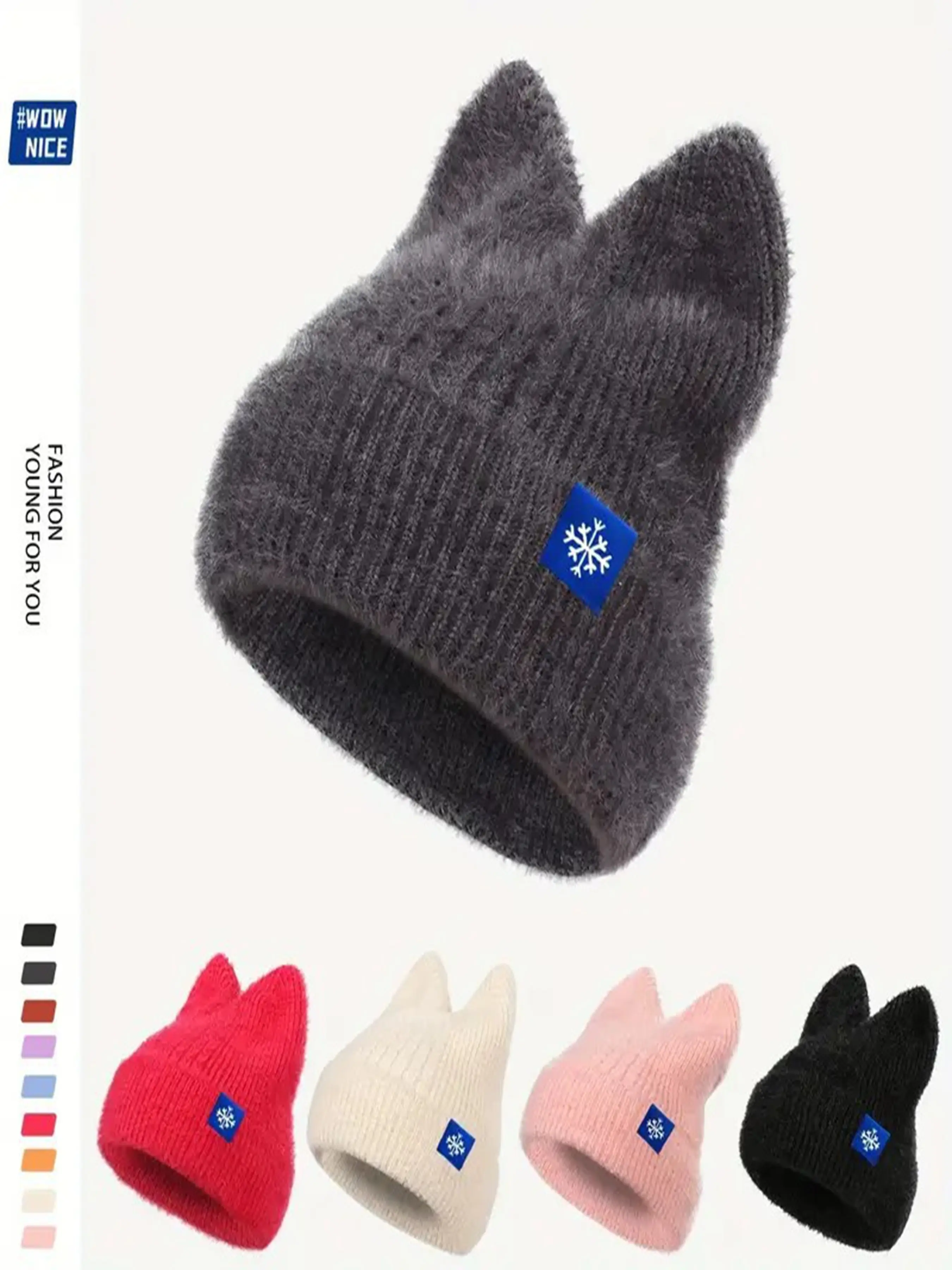 Soft Plush Cat Ears Knit Hat for Women, Autumn Winter Snowflake Patch Cold Weather Cap, Cute Face Slimming Ear Protector Beanie