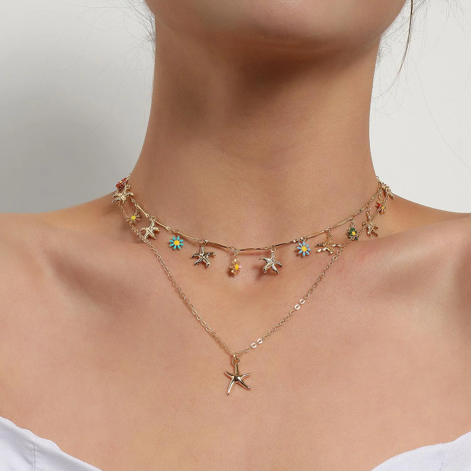 Beach Ocean Starfish Daisy Two Layer Stacked Necklace Gold Silver 2 Colors Summer Holiday Choker For Women