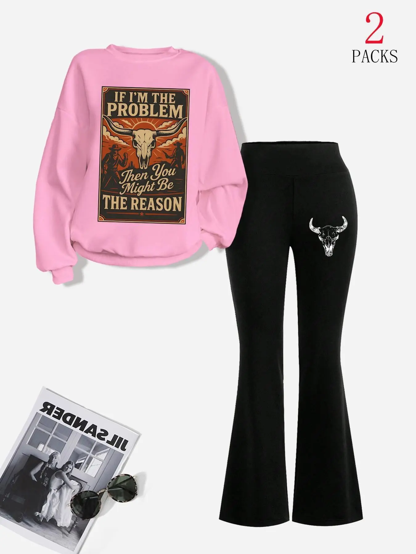 Western Bull Skull Retro Poster Round Neck Sweatshirt High Waist Flare Pants Two-Piece Set, American Country Style Loose Fit Long Sleeve