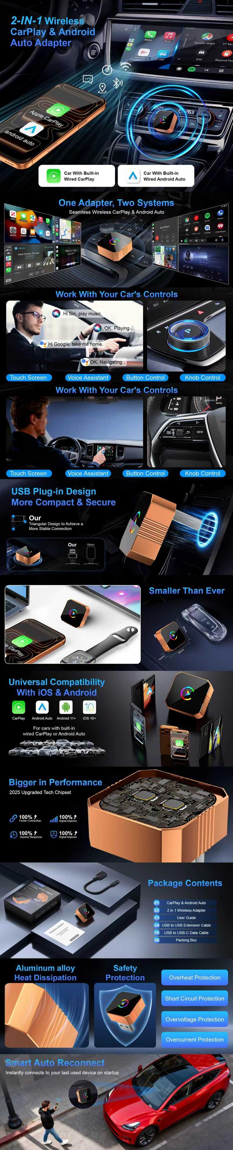 Techgodas New CarPlay 2026 Wireless Adapter for iPhone/Android Fast Connect No Delay Hands-Free Calling Electronic Charger CarPlay Adapter