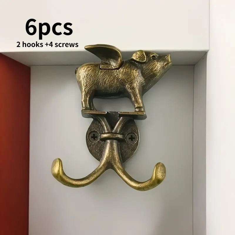 6pcs(2pcs hook +4pcs screw) flying pig wall hook, decorative polished metal towel hook, suitable for bathroom, kitchen and bedroom coat rack hardware.