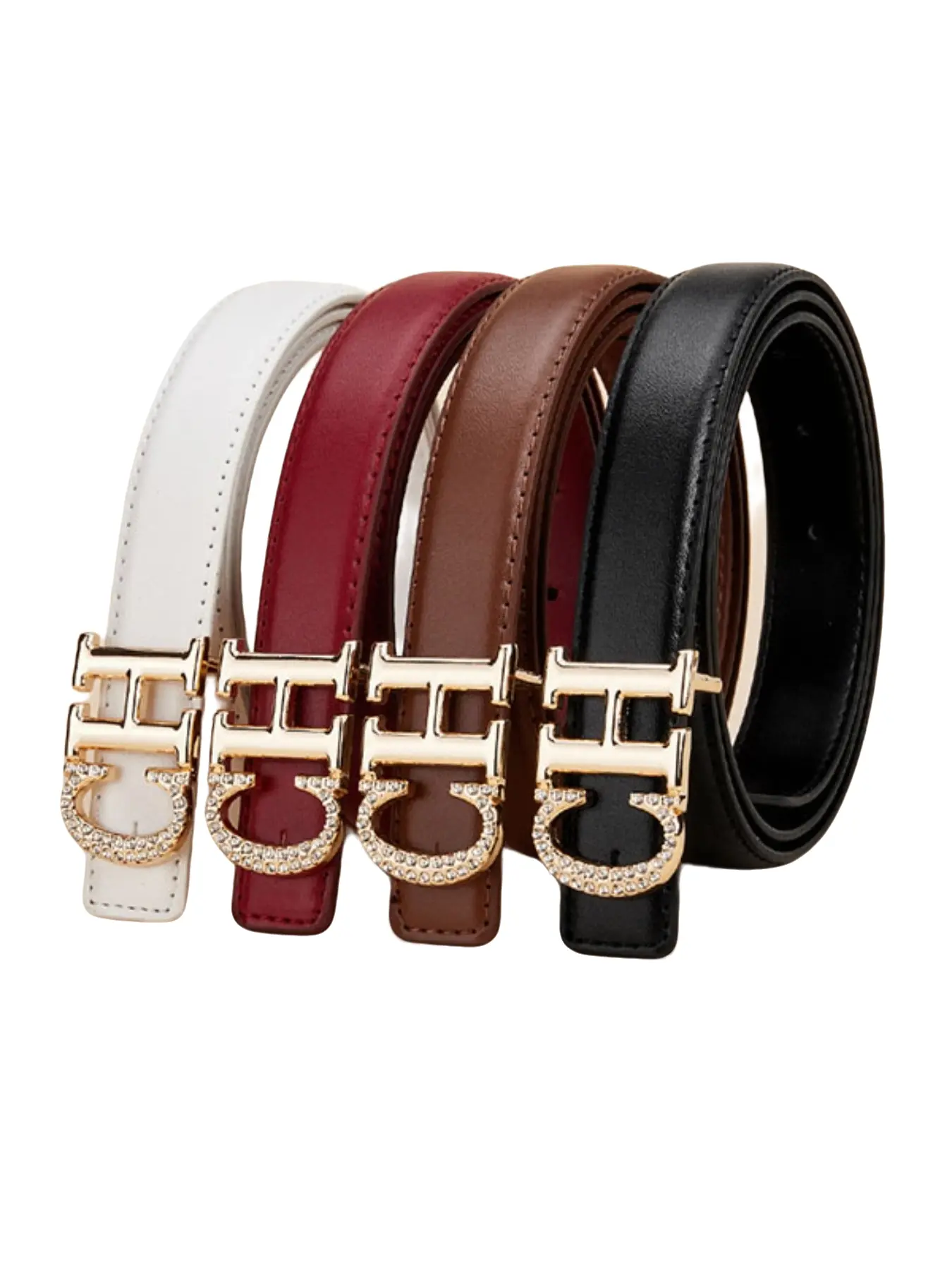 Women Rhinestone Alphabet Buckle Thin PU Leather Belt, Elegant Crystal Letter Decorative Waist Belt, 4 Colors Available for Blazer Dresses Jeans