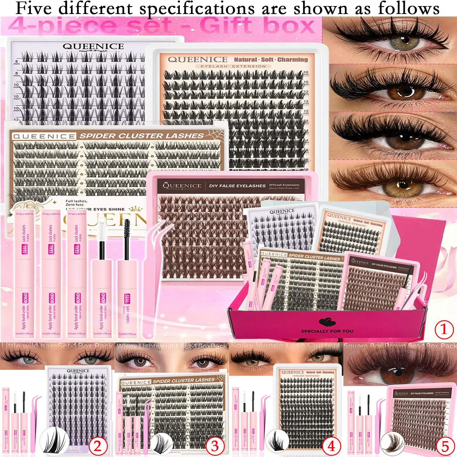 QUEENICE Multiple Styles Lash Clusters Gift Set,1 Set Mixed Length Individval Eyelash Extensions Kit,Spikes&Wispy Lightweight&Natural Brown&Wet Look,False Eyelashes with Tweezers&Glue,Prefessional Eye Makeup Accessories for Women
