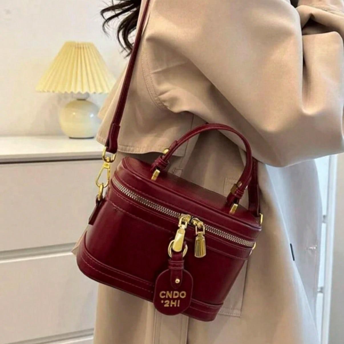Cute High-Quality Burgundy Color Crossbody Bag, Designer Sweet French Style Shoulder Bags Purse Chic Large Capacity Makeup Bag Fashion Ladies Handbag Fashionable Burgundy Bag Work Tote bag for Woman