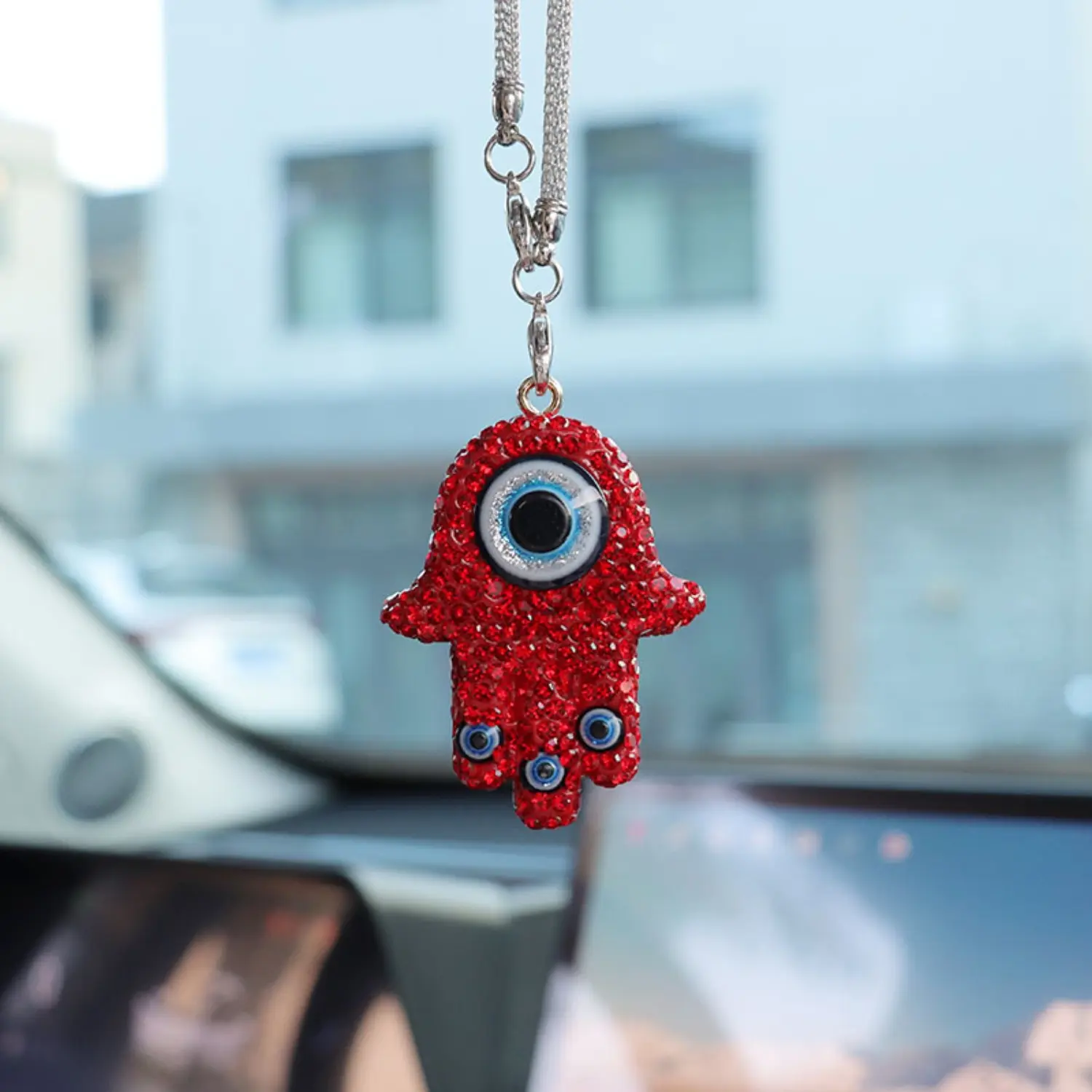 Hamsa Hand Evil Eye Car Hanging Ornament Bling Rhinestone Rearview Mirror Pendant Amulet Protection Auto Interior Decor Charm Men Women