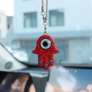 Hamsa Hand Evil Eye Car Hanging Ornament Bling Rhinestone Rearview Mirror Pendant Amulet Protection Auto Interior Decor Charm Men Women