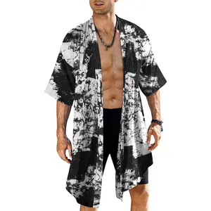 Men's Ruffle Shawl Collar Lightweight Cardigan Long Kimono Jackets Open Front Drape Cape Coat