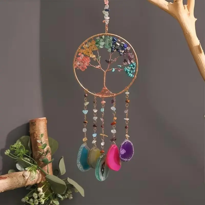 Natural Gemstone Dream Catcher, 1pc Wind Chime, Sun Catcher, Home Decor, Decorative Pendant, Enhance Your Space, Unique Ornament