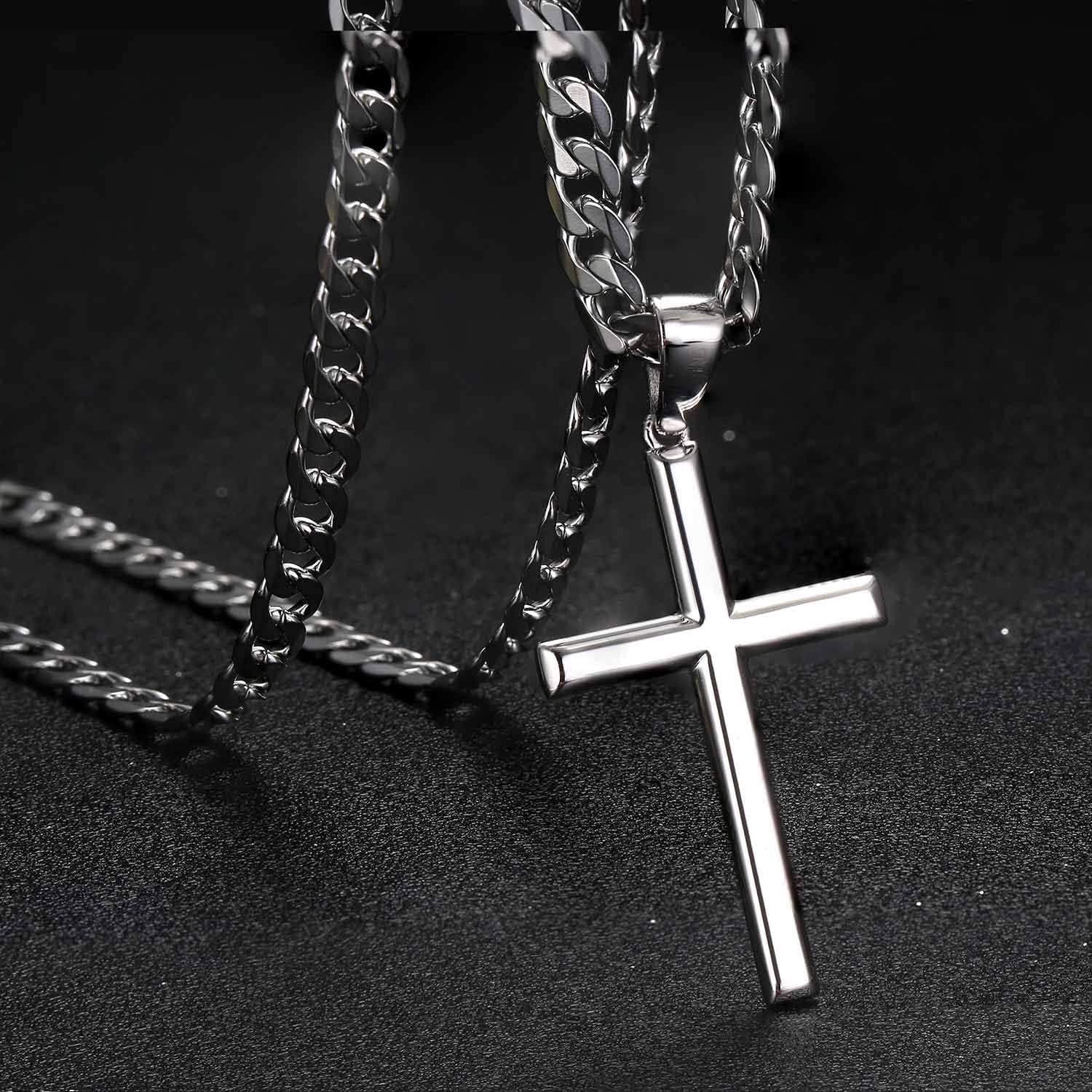 Trendy 925 Sterling Silver Cross Necklace for Men Women Durable Non Tarnish Beveled Edge Crucifix Pendant Cuban Link Chain Jewelry 16-30 Inches Valentine's Day