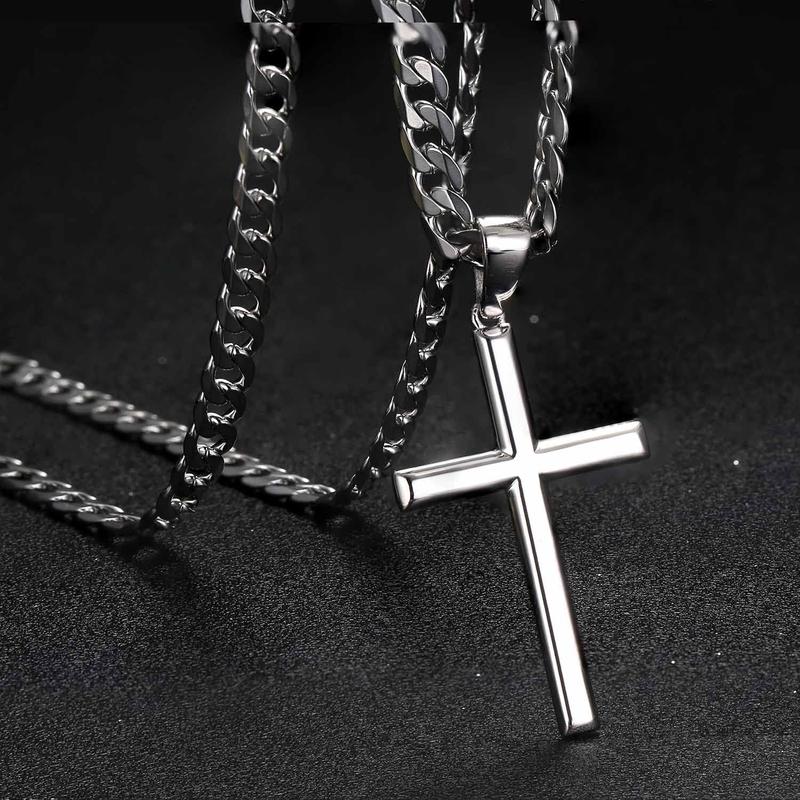 Trendy 925 Sterling Silver Cross Necklace for Men Women Durable Non Tarnish Beveled Edge Crucifix Pendant Cuban Link Chain Jewelry 16-30 Inches Valentine's Day