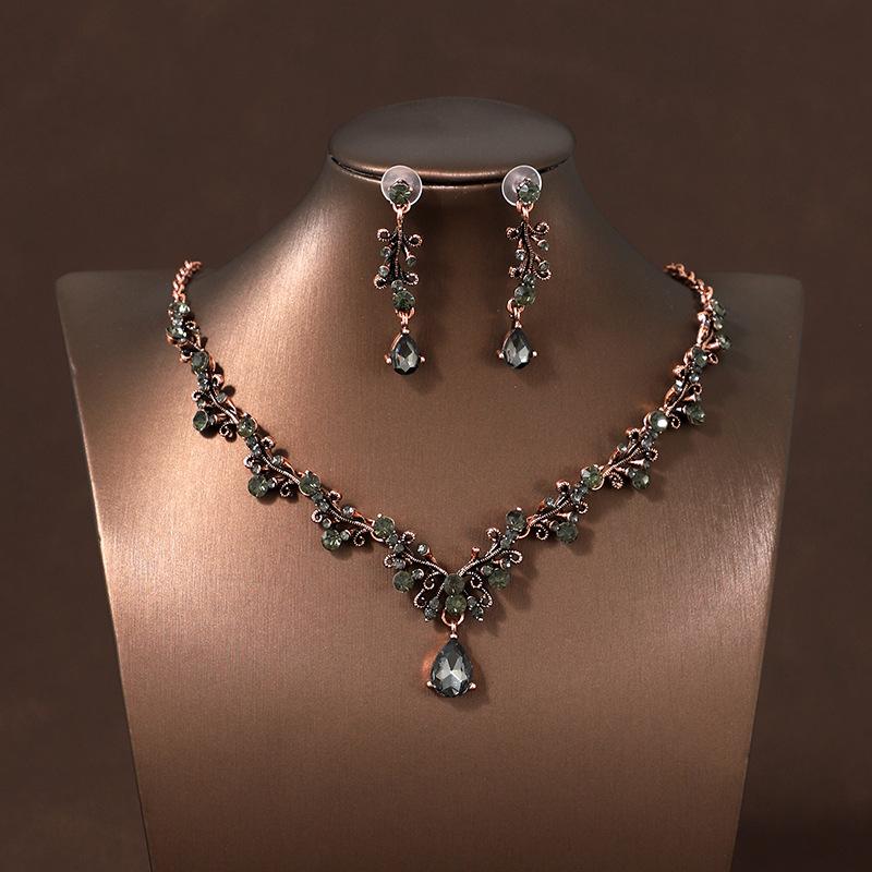 Vintage Emerald Green Teardrop Necklace Set, Women's Necklace & Earrings Set, Luxury Bridal Jewelry for Wedding & Banquet