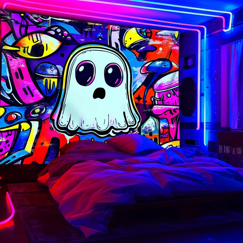 1 Piece Jumbo Extra Large UV Blacklight Glow Ghost Doodle Art Tapestry - HD Print Fluorescent Cotton Wall Hanging, Custom Printing Spooky Skeleton Decorative Accessory for Bedroom, Fan Gift bedroom decor cool stuff for room