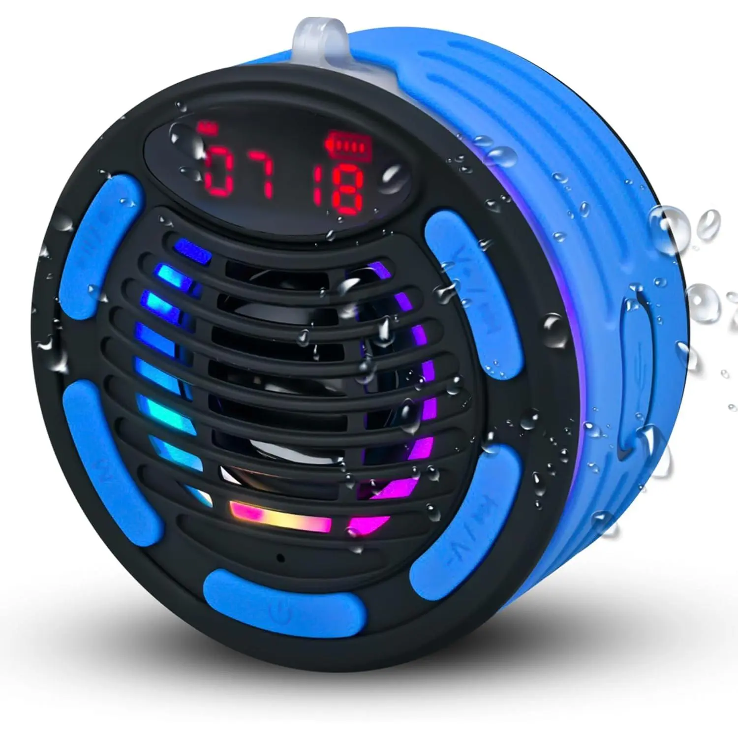IPX7  Portable  Speaker with Digital Watch, for Shower, Pool, Beach, , Includes MTB Handlebar Holder, Suction Cup & Carabiner, RGB Lights, FM Radio, USB-C - Gifts