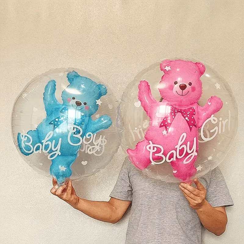 2Pcs Double Layer Clear Bear Balloons Cute Blue Pink Baby Boy Girl Cartoon Bear Balloon For Gender Reveal Party Newborn Baby Shower Full Month Birthday Banquet Holiday Celebration Halloween Christmas Window Background Decor Supplies Come With Ribbon