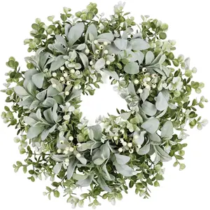 26 Inch Large Lambs Ear Wreaths for Front Door, Spring Summer Lambs Leaves with White Berries Artificial Greenery for Farmhouse Porch Wall Living Room Home Wedding Decor for All Seasons
