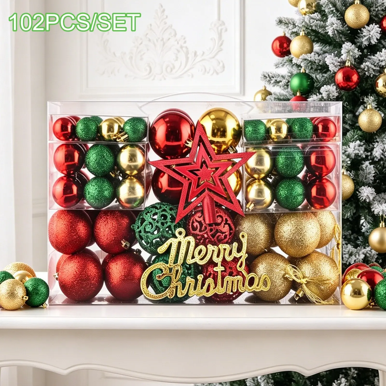 102-Piece Christmas Ball Ornament Set – Christmas tree decorations, Artificial Hanging, shatterproof plastic, suitable for Christmas, Halloween, holiday parties, weddings, birthday parties, home decor, and more
