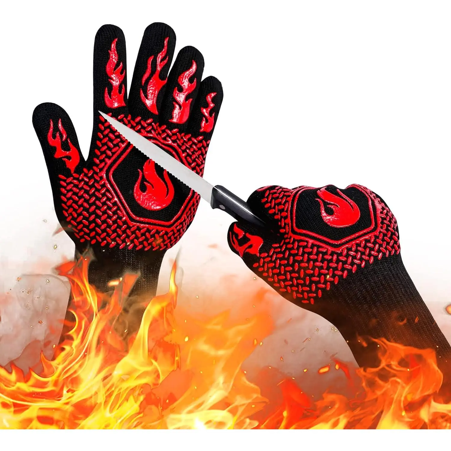 BBQ Fireproof Gloves, Grill Cut-Resistant 1472°F Heat Resistant Gloves, Non-Slip  Oven Gloves,  Cooking Gloves for Oven Mitts,Barbecue,Cooking, Frying,13.8 Inch-Red