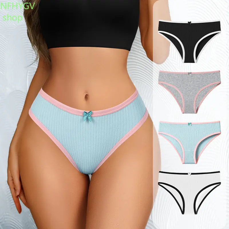 Women Ribbed Cotton Bikini Panties, Contrast Color Trim Bow Decor Briefs, Soft Stretch Breathable Low Rise Underwear for Ladies Daily Casual Wear