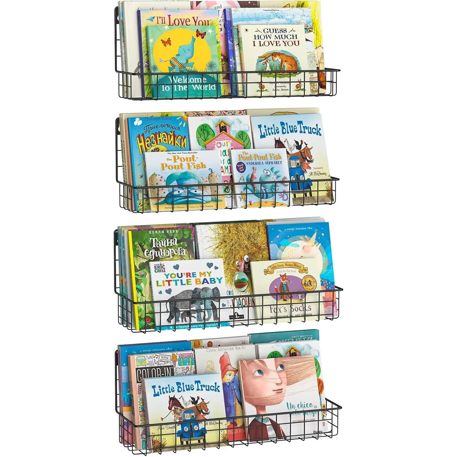 4-Pack Wall Mounted Metal Kids Bookshelf, Floating Book Shelves for Kids Nursery Toddler Classroom, Hanging Book Shelf Organizer for Room Decor, Black