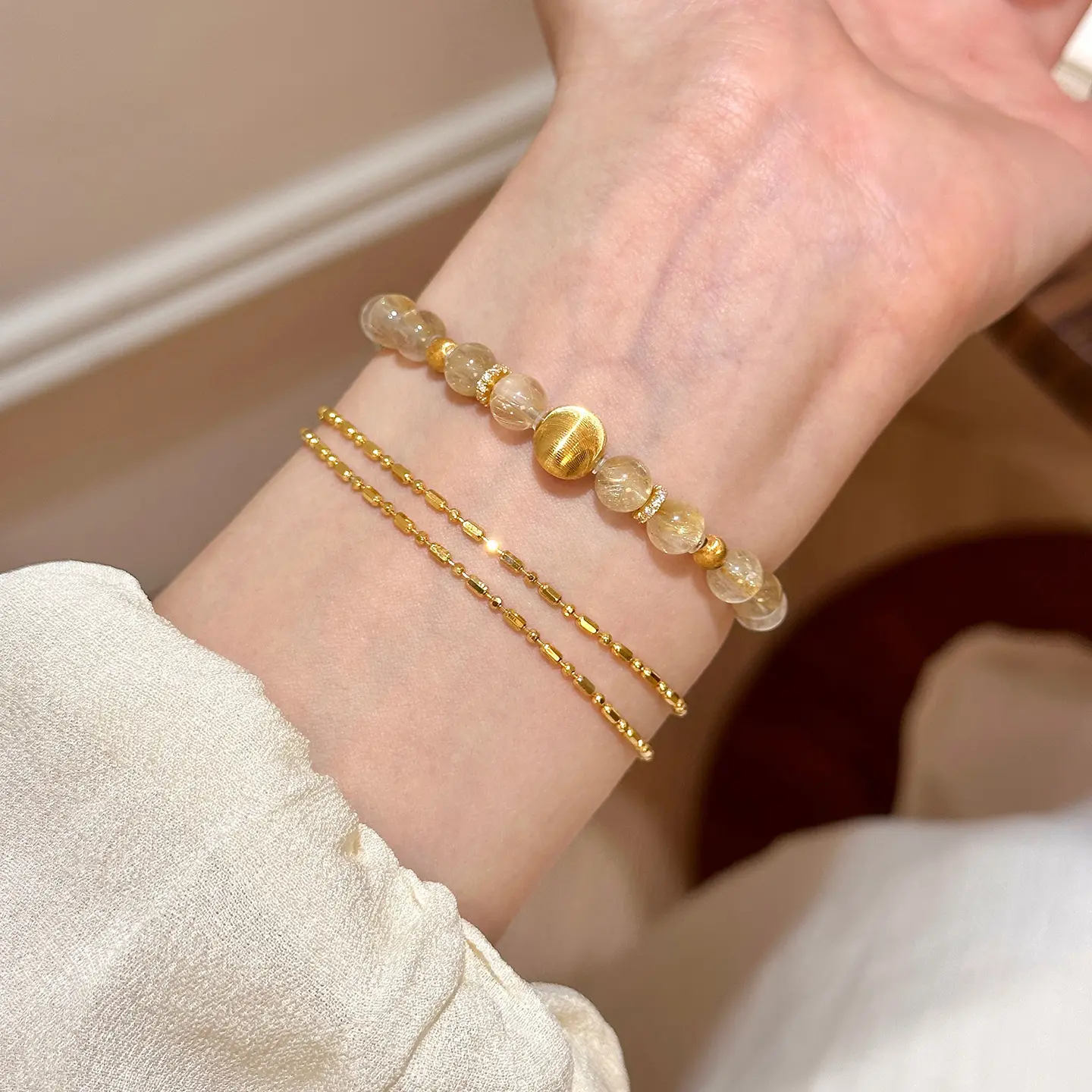 Dainty Crystal Bracelet with Natural Citrine & Rutilated Quartz, Stretch Beaded Jewelry for Female Adults, Gift for Jewelry Lovers, Commuting Outfits, Daily, Easy To Put On And Take Off, Elegant Packaging, Fits Most Women's Wrist Sizes, Gemstone, Gold, Ha