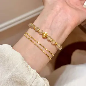 「Golden Rouge」Natural Citrine & Golden Rutilated Quartz Beaded Bracelet | Brushed Gold Accent Fashion Jewelry for Women