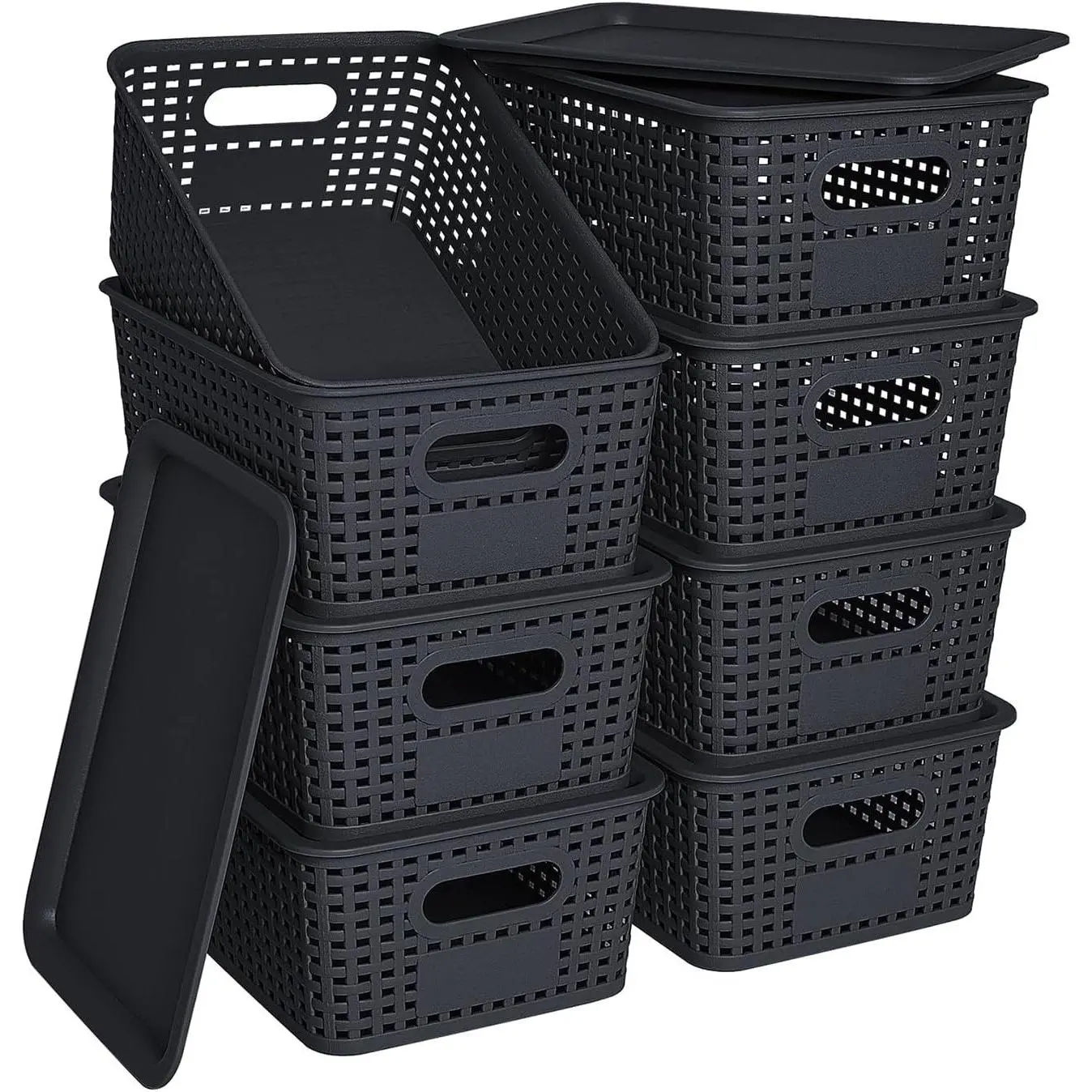 8 Pack Stackable Plastic Storage Baskets with Lids for Organizing Shelves, Drawers, Desktop, Closet, Playroom, Classroom, Office - BlackGift