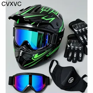 CVXVC Youth DOT-Approved Glossy Green Full-Face Dirt Bike Helmet, Sporty Protective Gear for Kids with Adjustable Quick-Release Buckle, Comfortable Breathable Removable Liner, Face Mask Set (Fast Shipping)