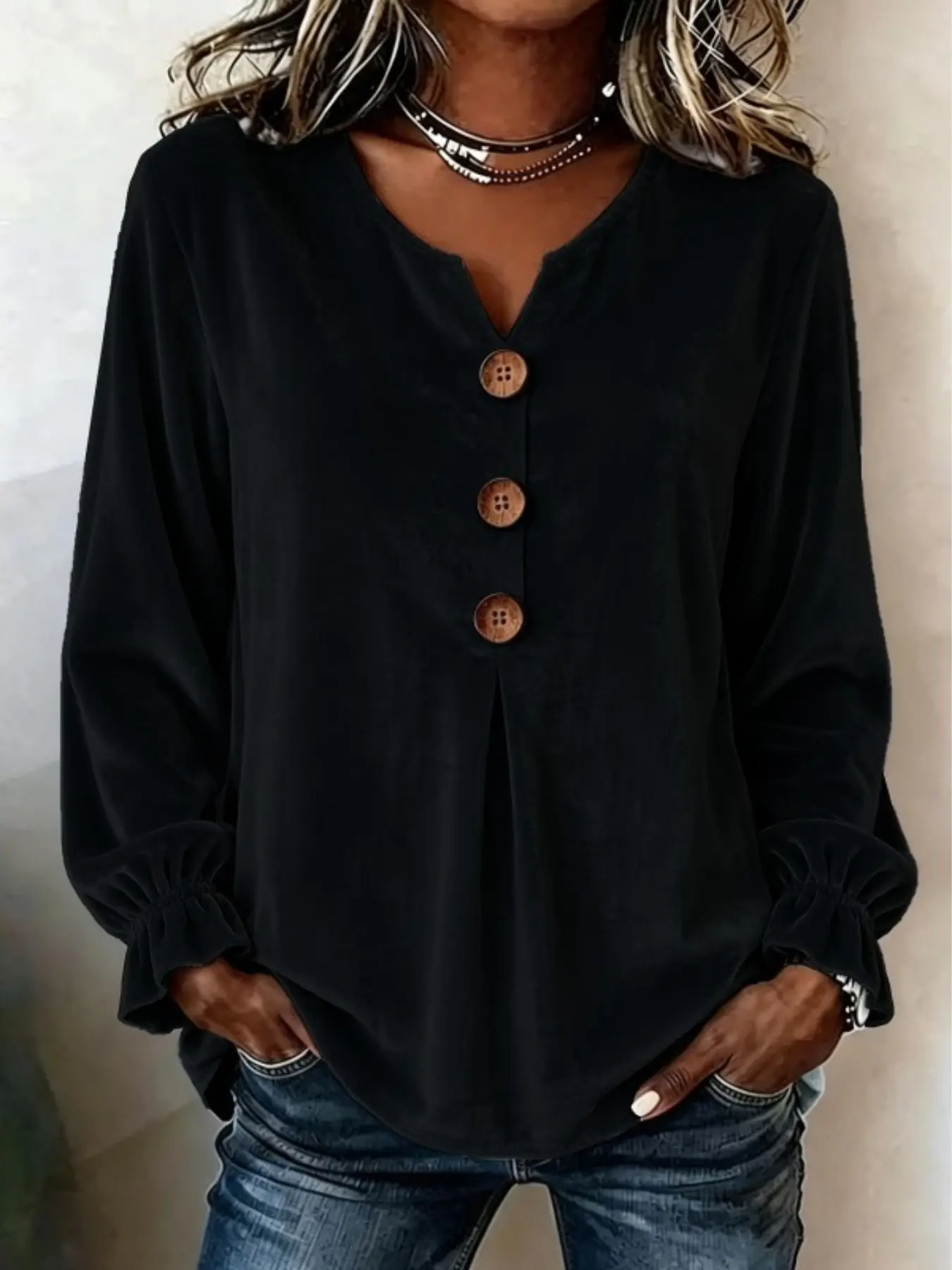 Women's Velvet Shirt for Autumn Winter, Cardigan Button Up, Half Open Collar, Ruffle Edge, Elastic Bubble Sleeve Top, Daily Wear