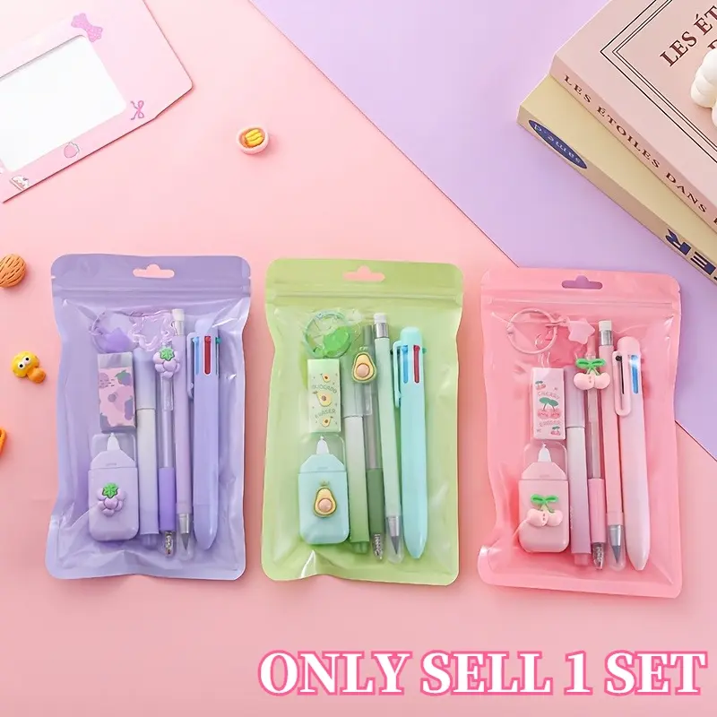 1 Set 7 In 1 All-in-One Stationery Kit School Bundle Regular Highlighters Erasers Pens Pencils Multi Functional Desk Supplies For Primary School Students Campus Season Classroom Home Office Study Back To School Reward Holiday Stationery Gift