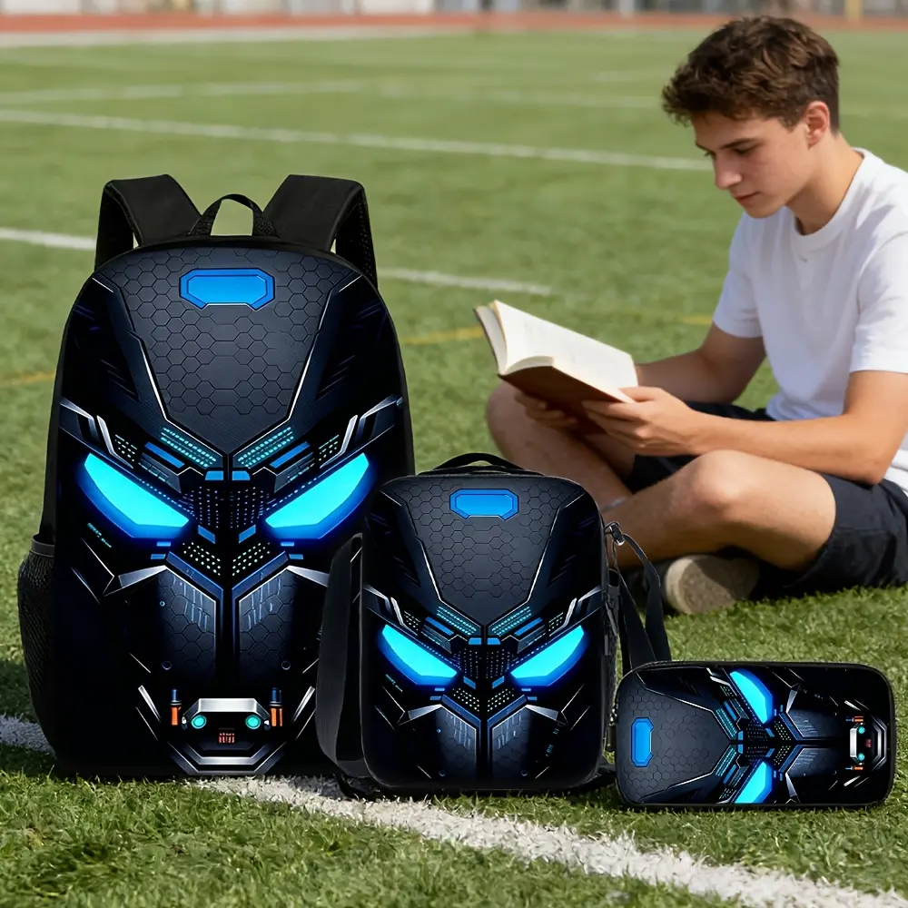 3-Piece Boys Water Resistant Backpack Set, Sci-Fi Mecha Robot Helmet Blue Neon Honeycomb Tech Print School Kit Backpack Lunch Bag Pencil Case 600D Oxford for Teen Boys Elementary & Middle School Daily Use Full Product Description